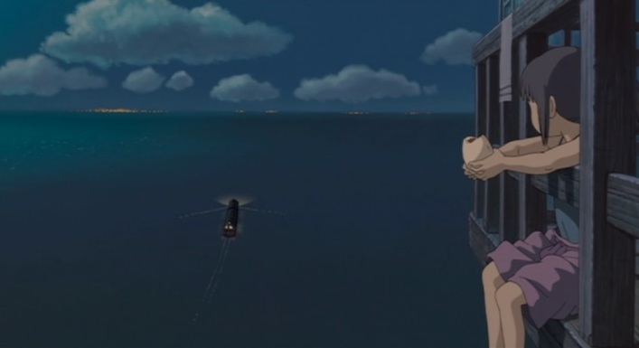 Train racing into the distance in Spirited Away