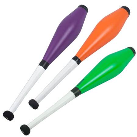 Three different coloured juggling clubs